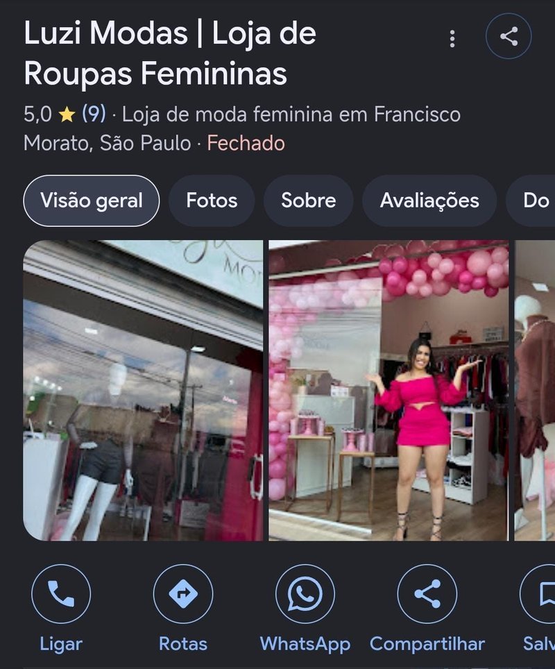 Perfil da loja no Google Meu Negócio, com fotos, avaliações e botões de contato