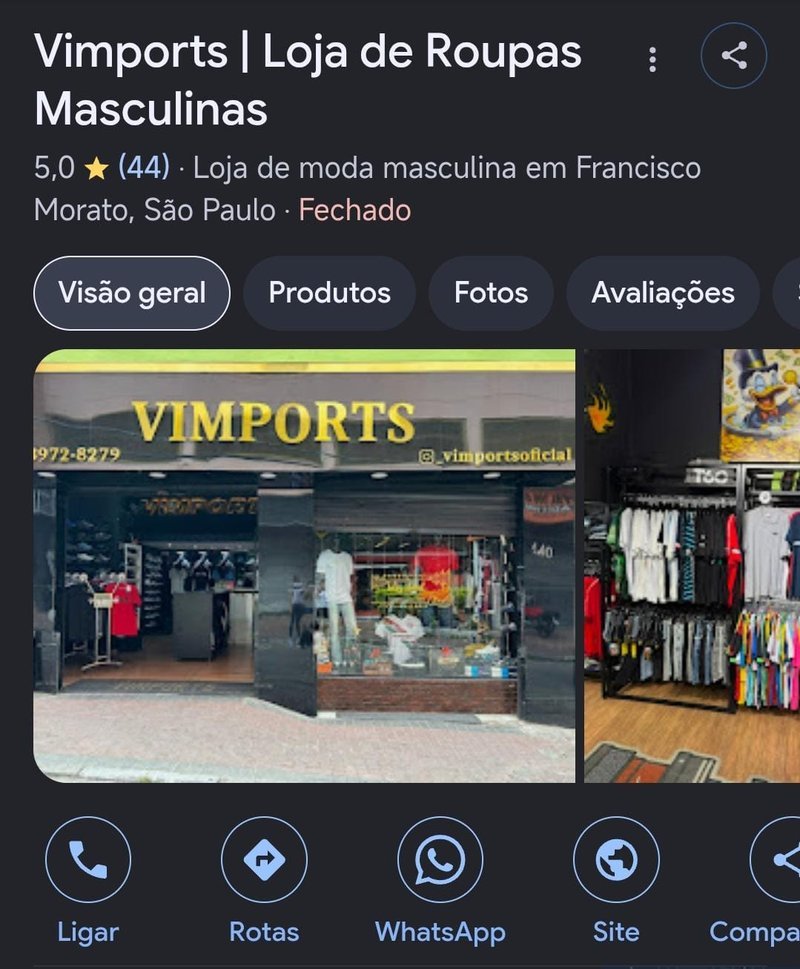 Perfil da loja no Google Meu Negócio, com fotos, avaliações e link para a loja virtual